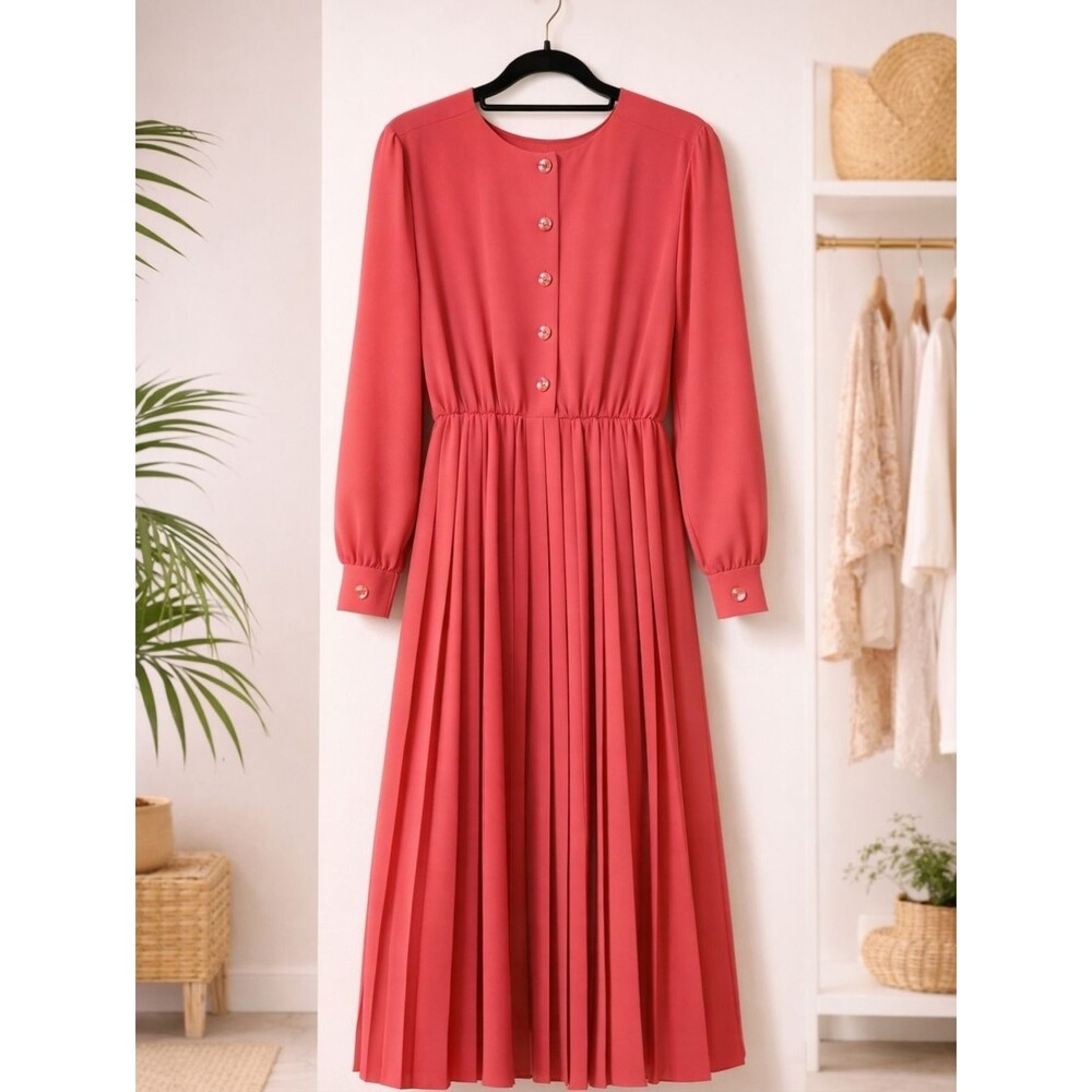 Vintage 90s Henry Lee Coral Pleated Dress Petite 8P Classic Elegant Romantic Aca